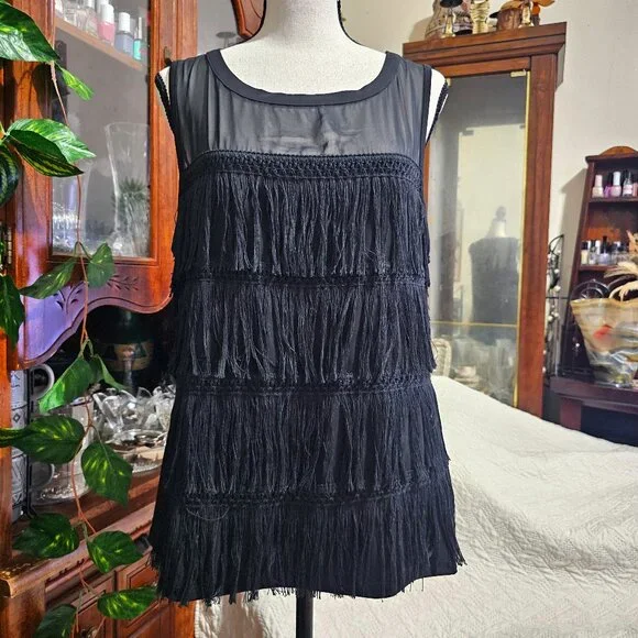 7th Avenue Black Sleeveless Sheer and Fringe Top - Picture 1 of 13